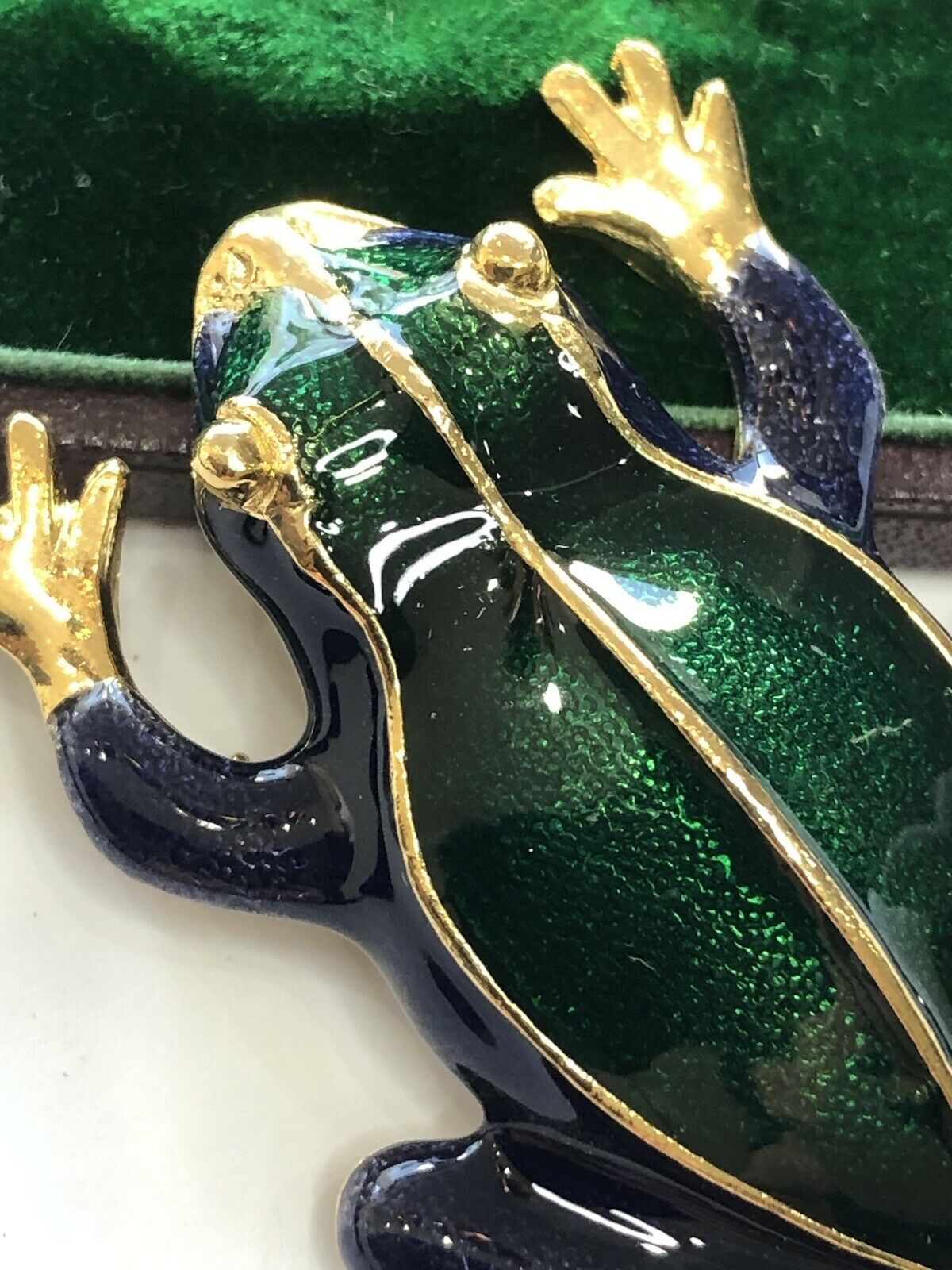 Vintage Gold Tone Green Blue Enamel Statement Frog Brooch