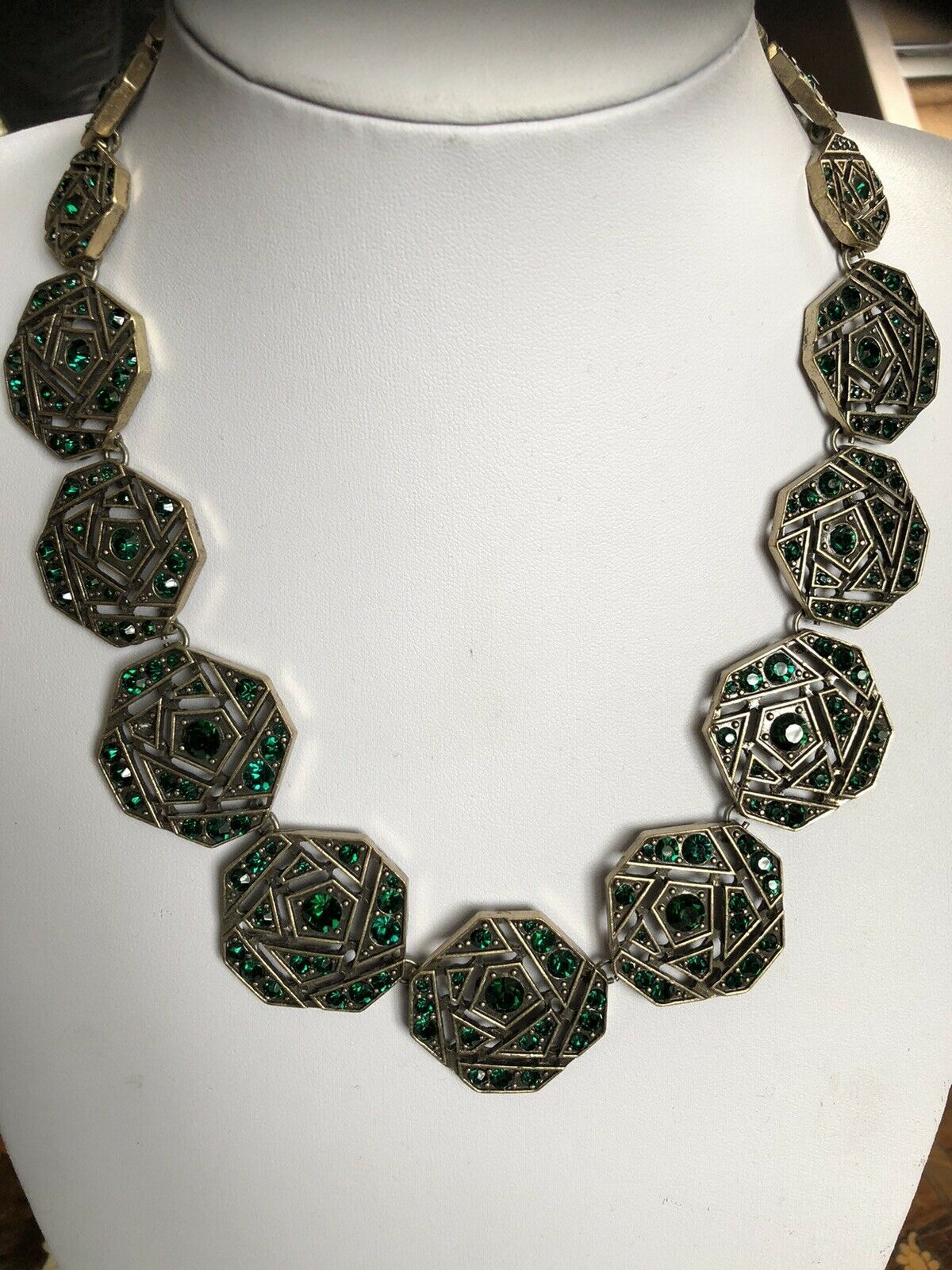 Vintage Geometric Deco Style Green Diamanté Necklace