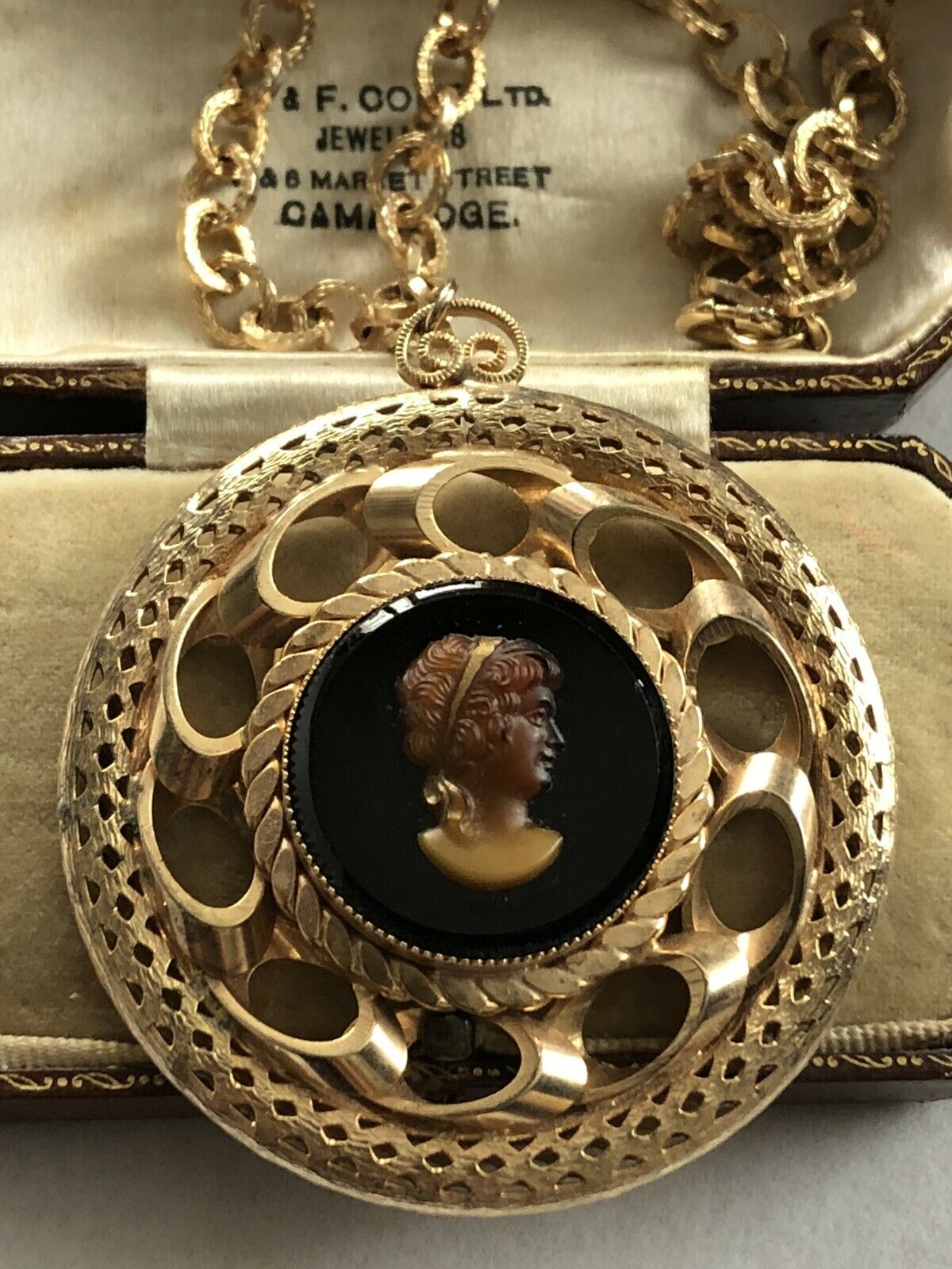 Vintage Cameo Glass Gold Tone Statement Long Length Necklace