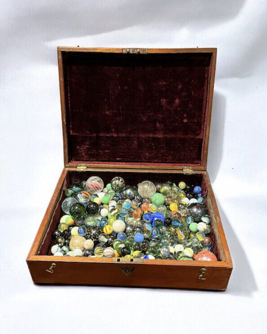 Marbles. Wooden Box Of Old Marbles