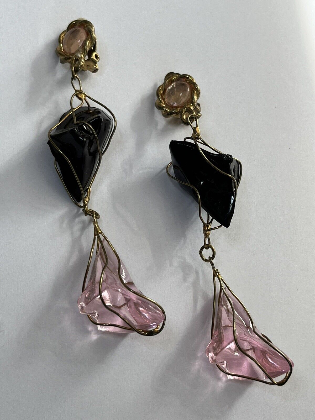 Vintage 1980s Black Pink Acrylic Long Length Statement Earrings