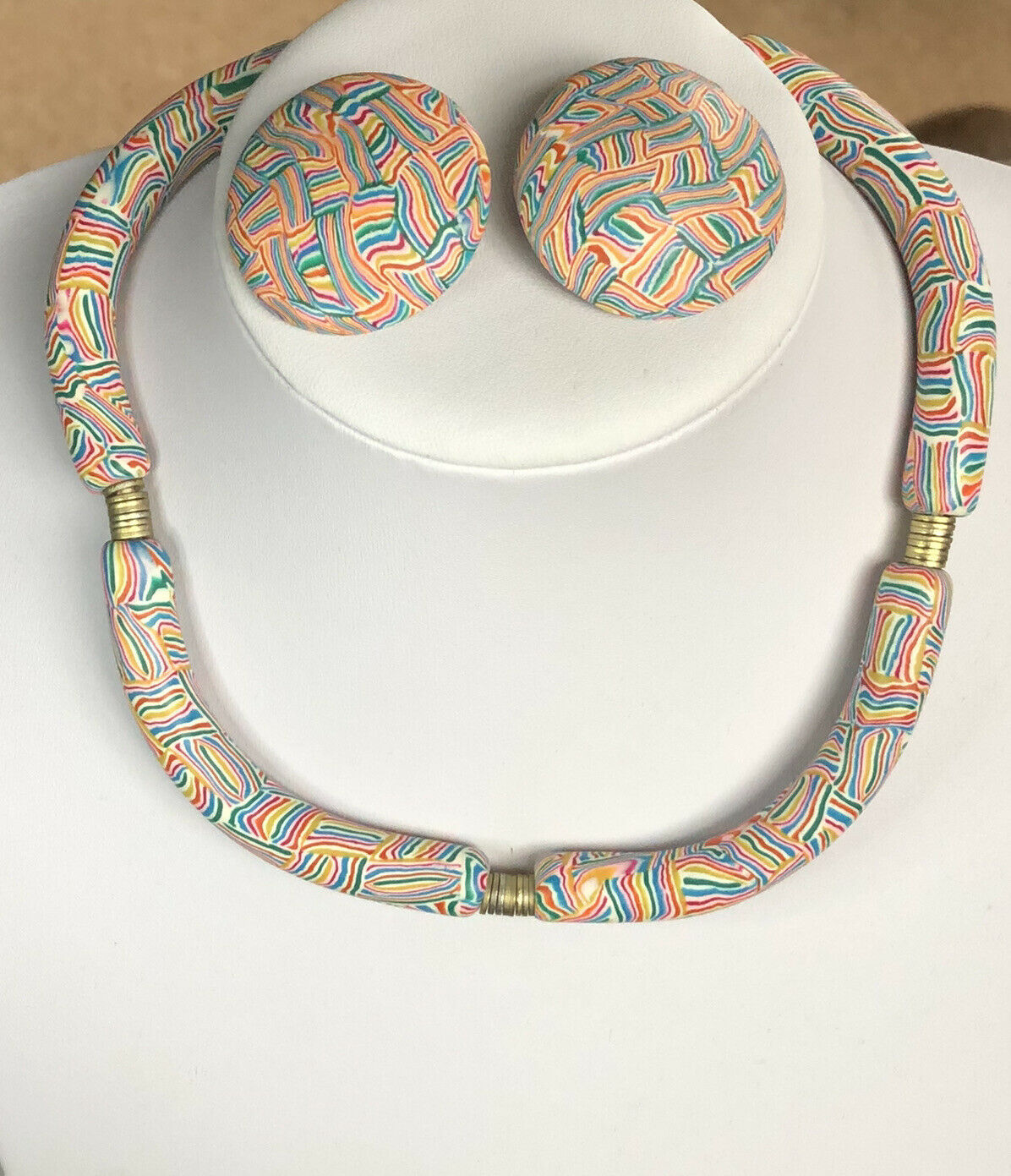 Vintage Unique Multicoloured Necklace And Clip On Earring Set