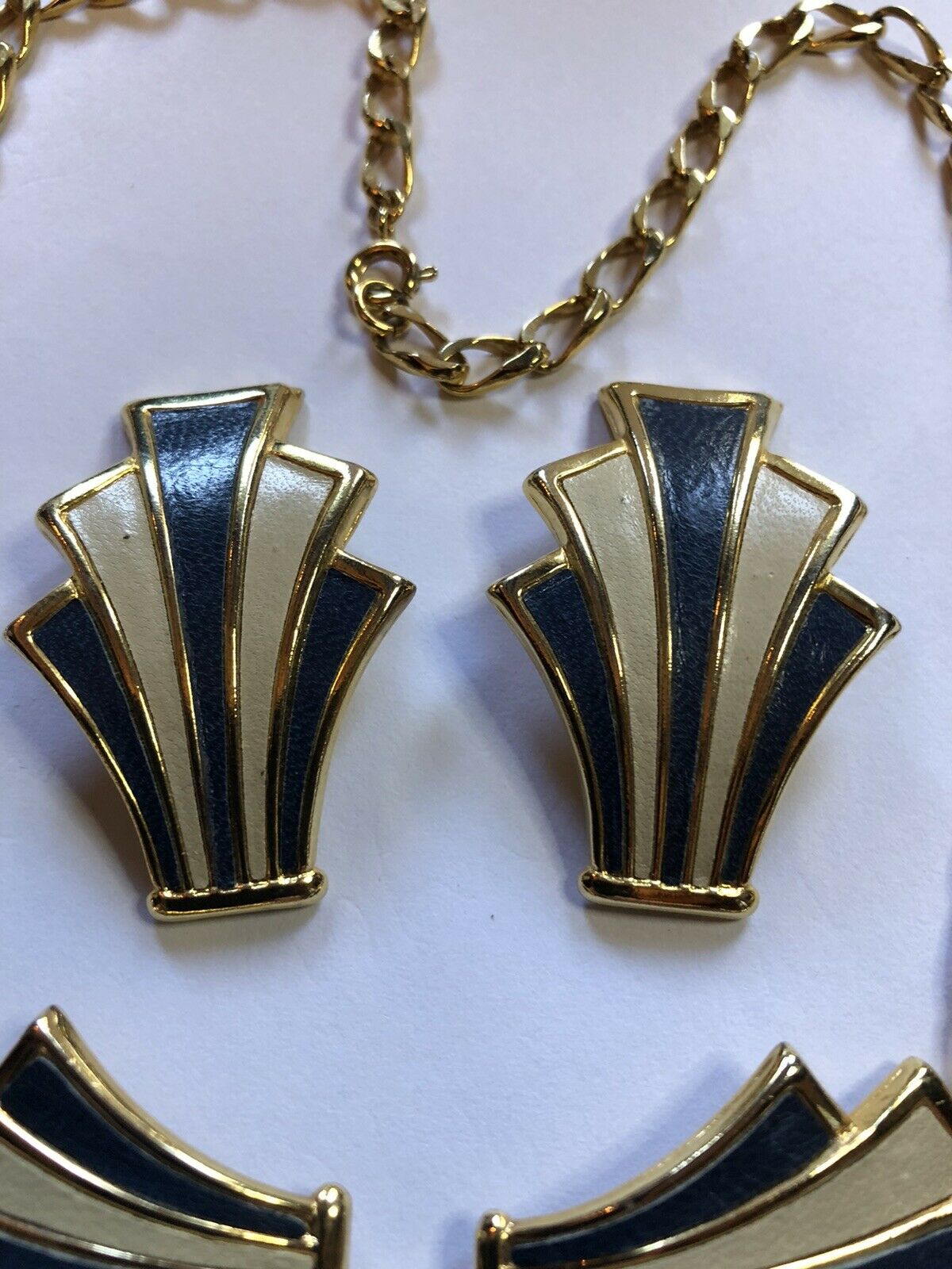 Vintage Blue And White Striped Gold Tone Necklace And Clip On Earring Set