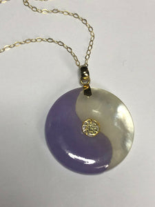 Chinese 14ct Gold Mother Of Pearl Jade Ying Yang Pendant Necklace