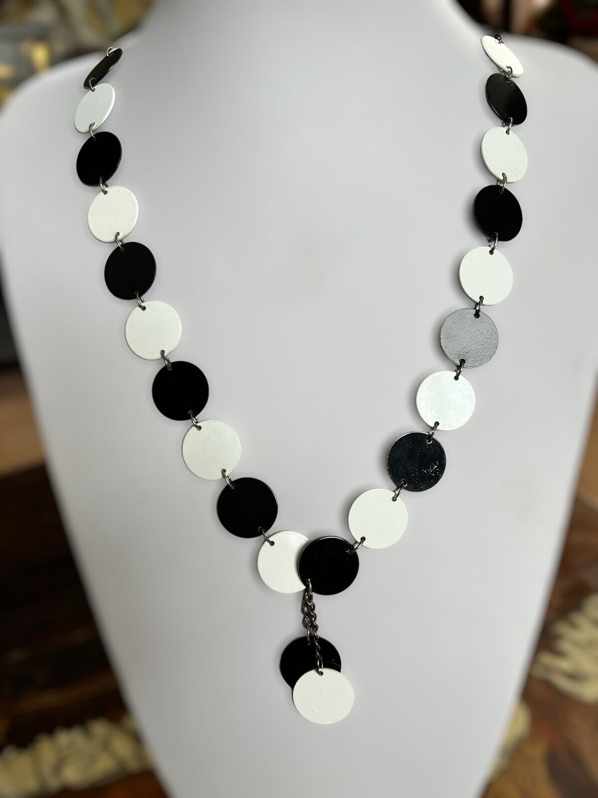 Vintage Black And White Metal Discs Long Length Necklace