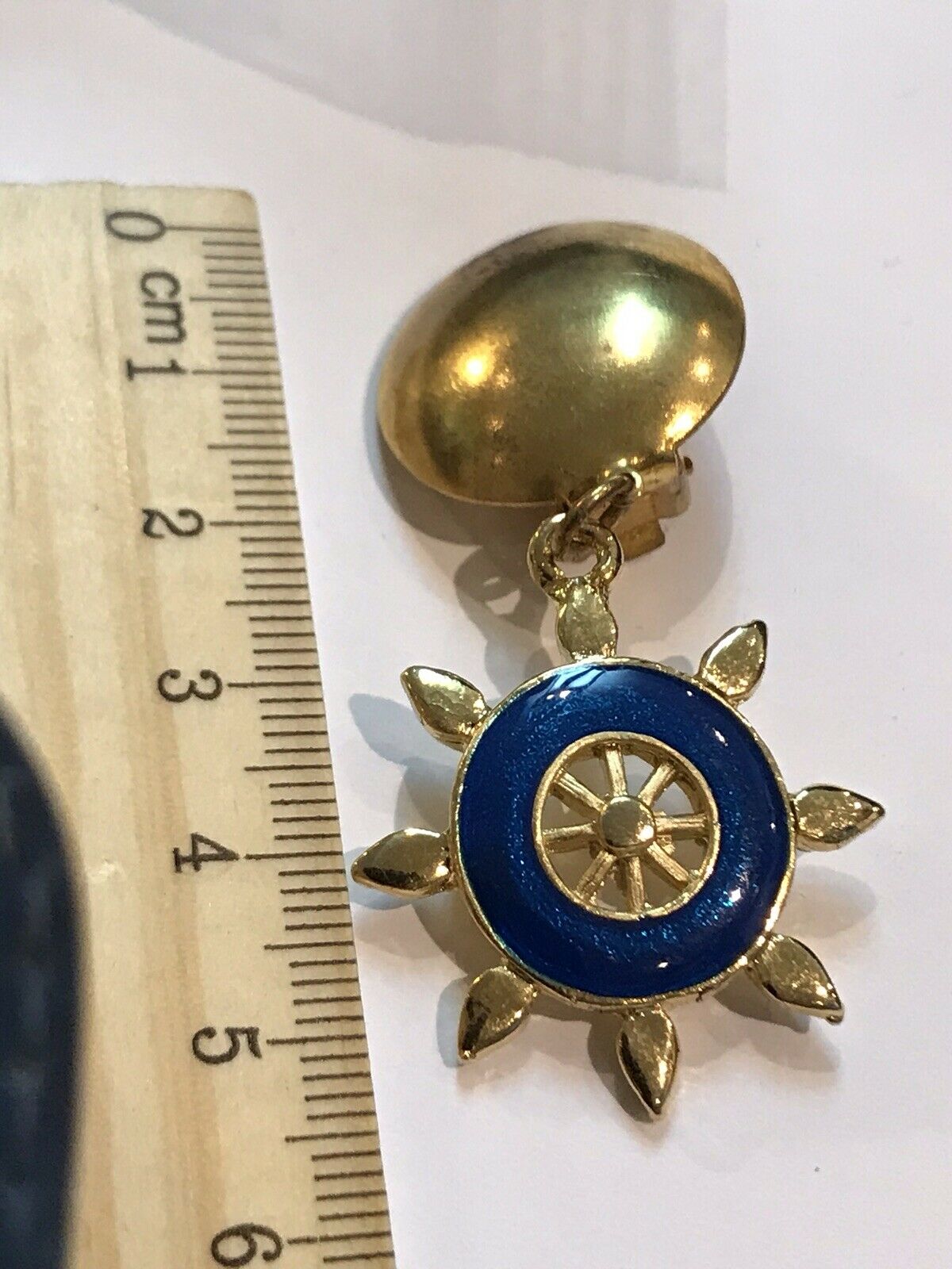Vintage Gold Tone Nautical Blue Enamel Clip On Earrings