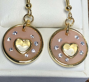 Vintage 1980s Gold Plated Pink Heart Diamanté Drop Earrings
