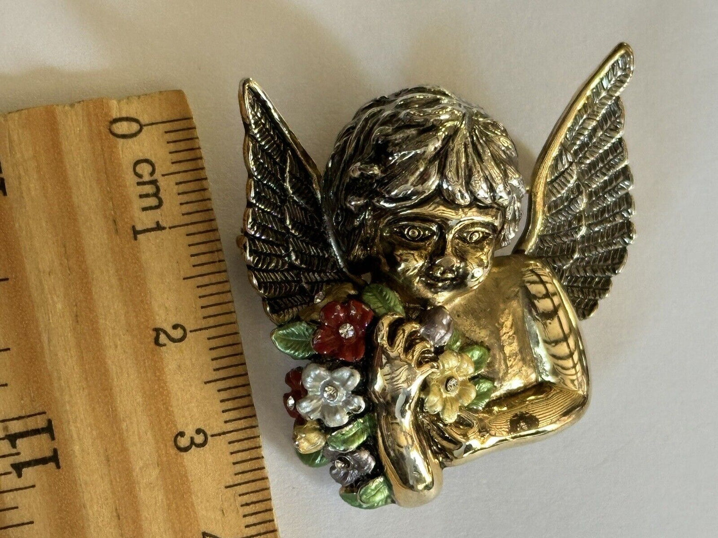 Vintage Gold Plated Enamel Cherub Flowers Brooch