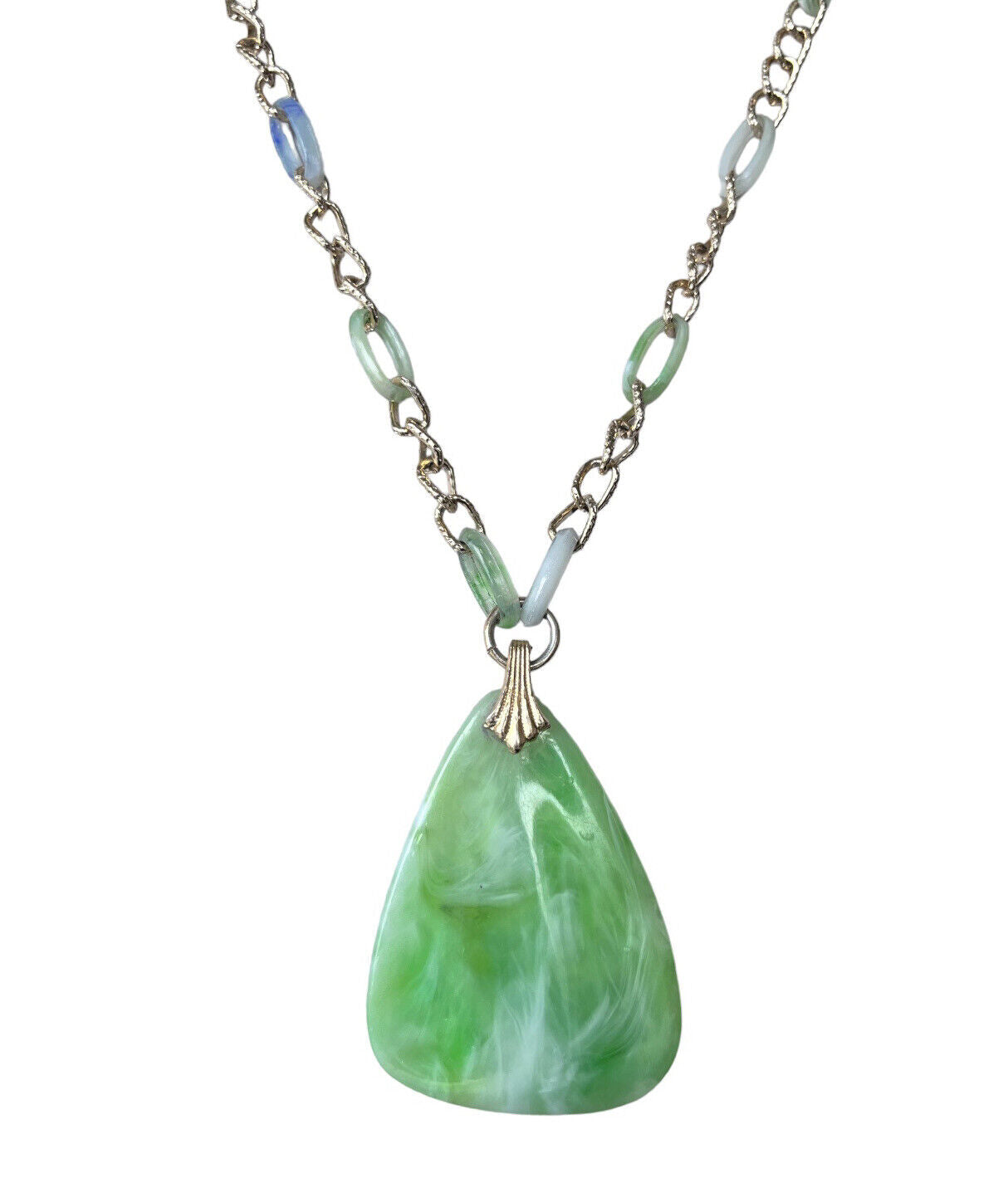 Vintage Green Blue White Marbled Acrylic Gold Tone Link Necklace Long Length