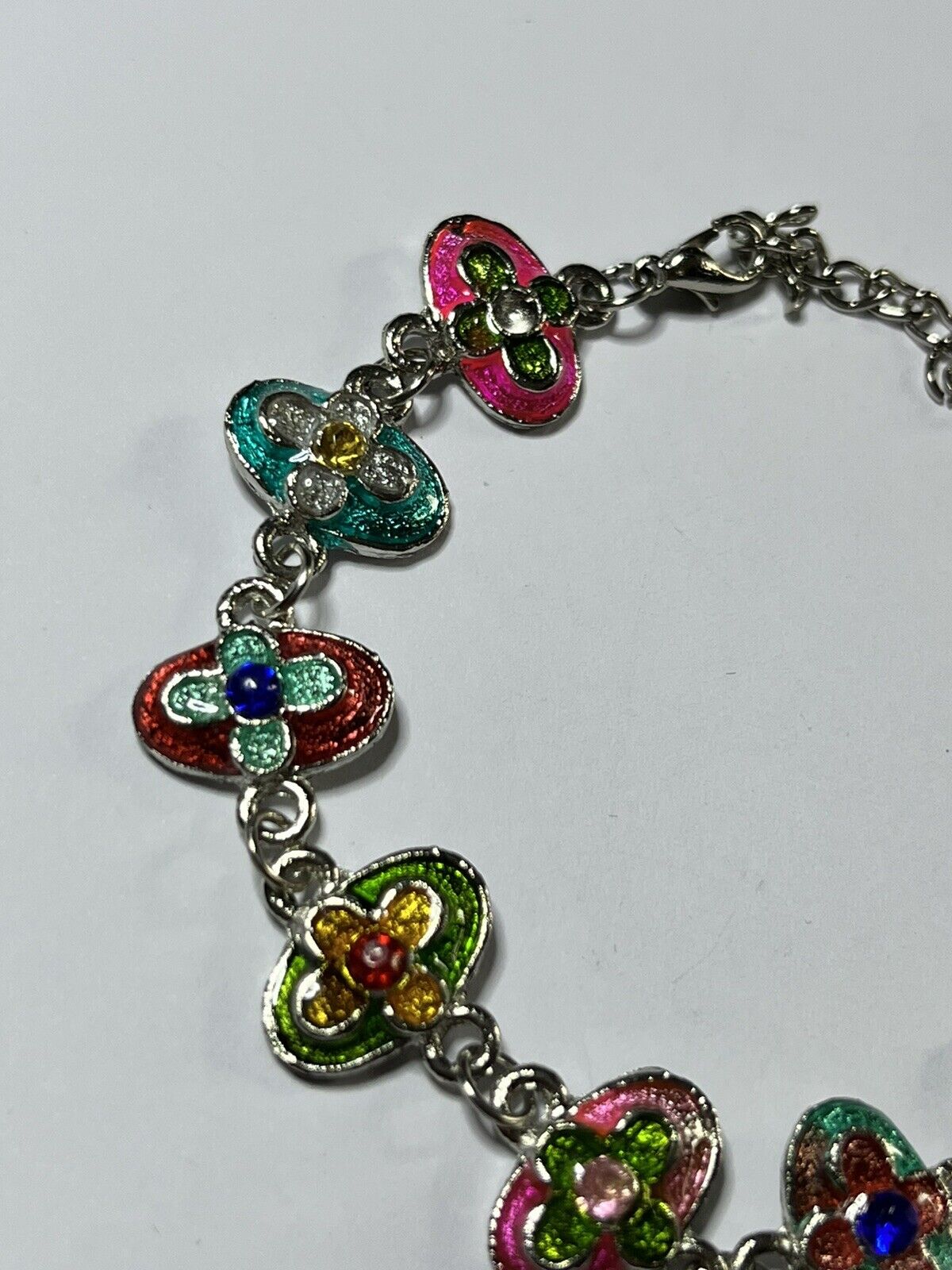 Vintage Silver Tone Enamel Multicoloured Flowers Bracelet