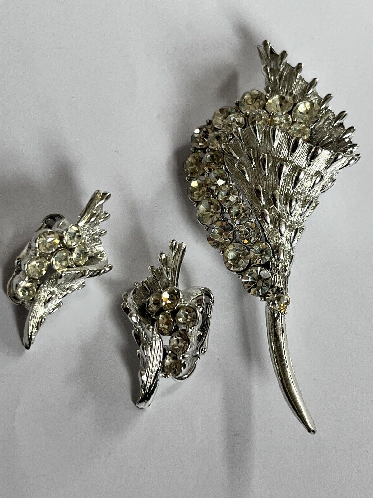 Vintage Signed Coro Silver Tone Diamanté Brooch And Clip On Earring Set