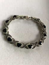 Vintage Silver Tone Black Enamel Hearts Bracelet