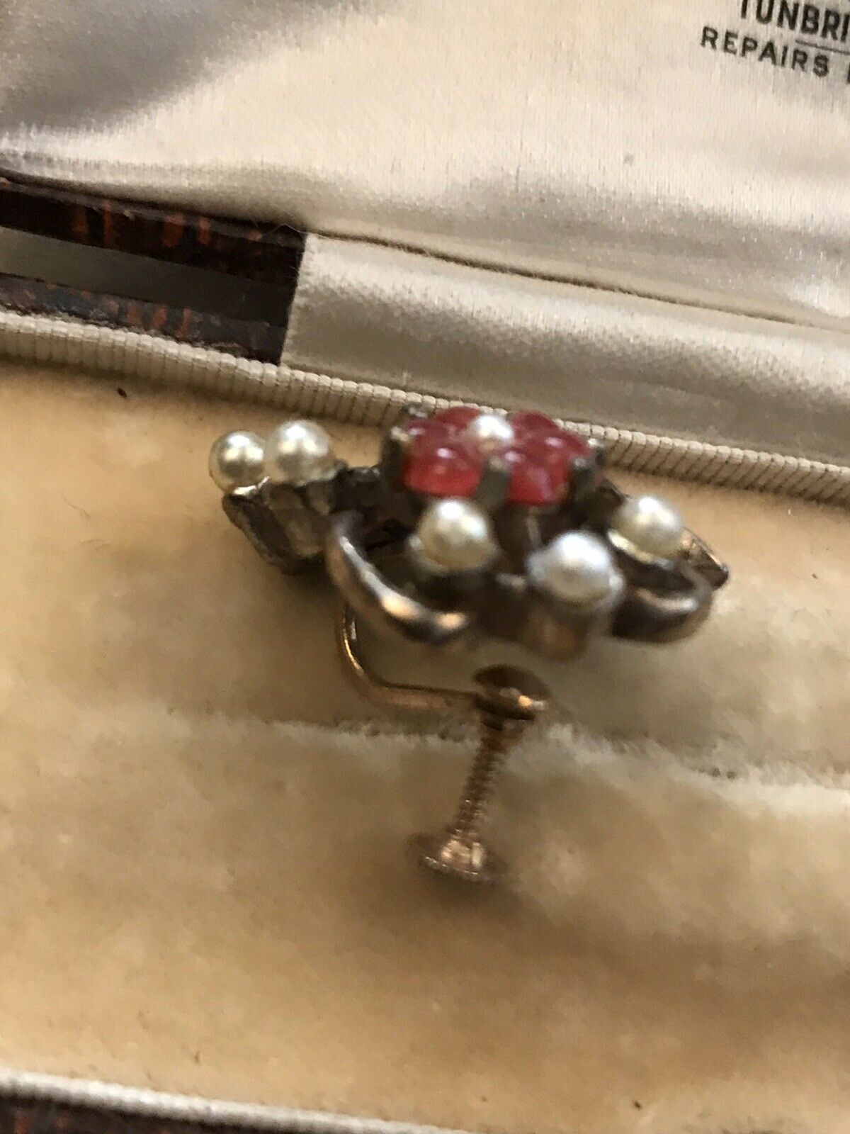 Vintage Paste Faux Pearl Diamanté Red Lucite Screwback Earrings