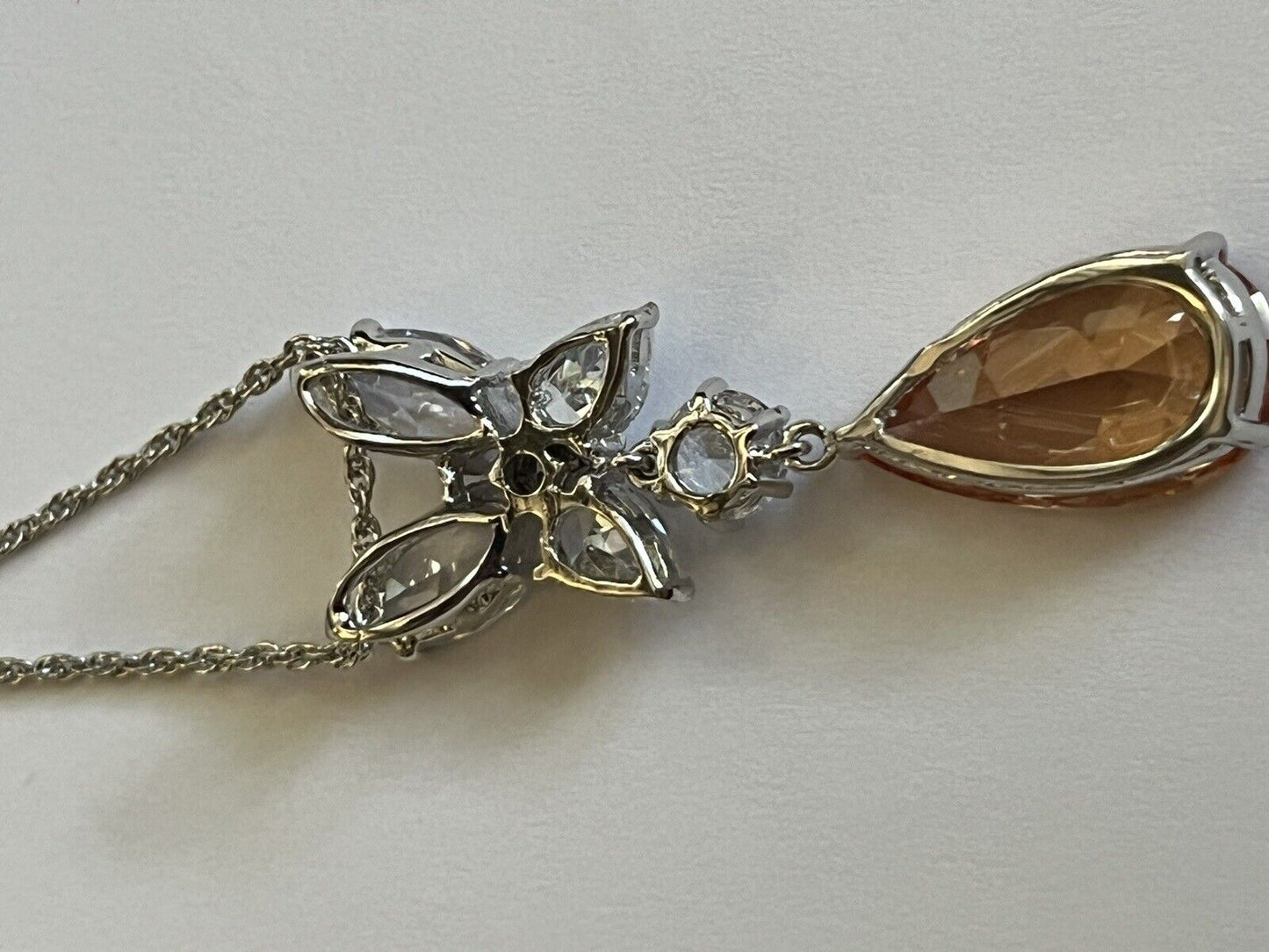 Vintage 1980s Rhodium Plated Orange Teardrop Crystal Necklace New Old Stock