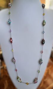 Vintage Signed Goldette Glass Flower Crystal Long Length Necklace