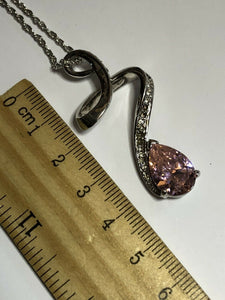 Vintage 1980s Rhodium Plated Pink Teardrop Crystal Necklace New Old Stock