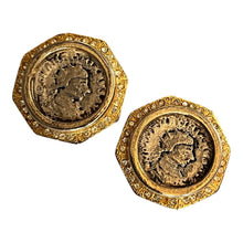 Vintage Gold Silver Tone Etruscan Coin Clip On Earrings Numbered