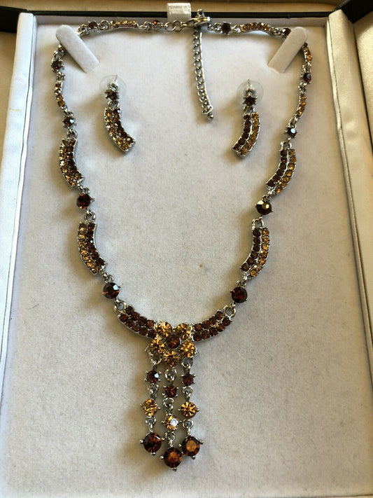 Vintage Silver Tone Burnt Orange Diamanté Necklace And Earring Set