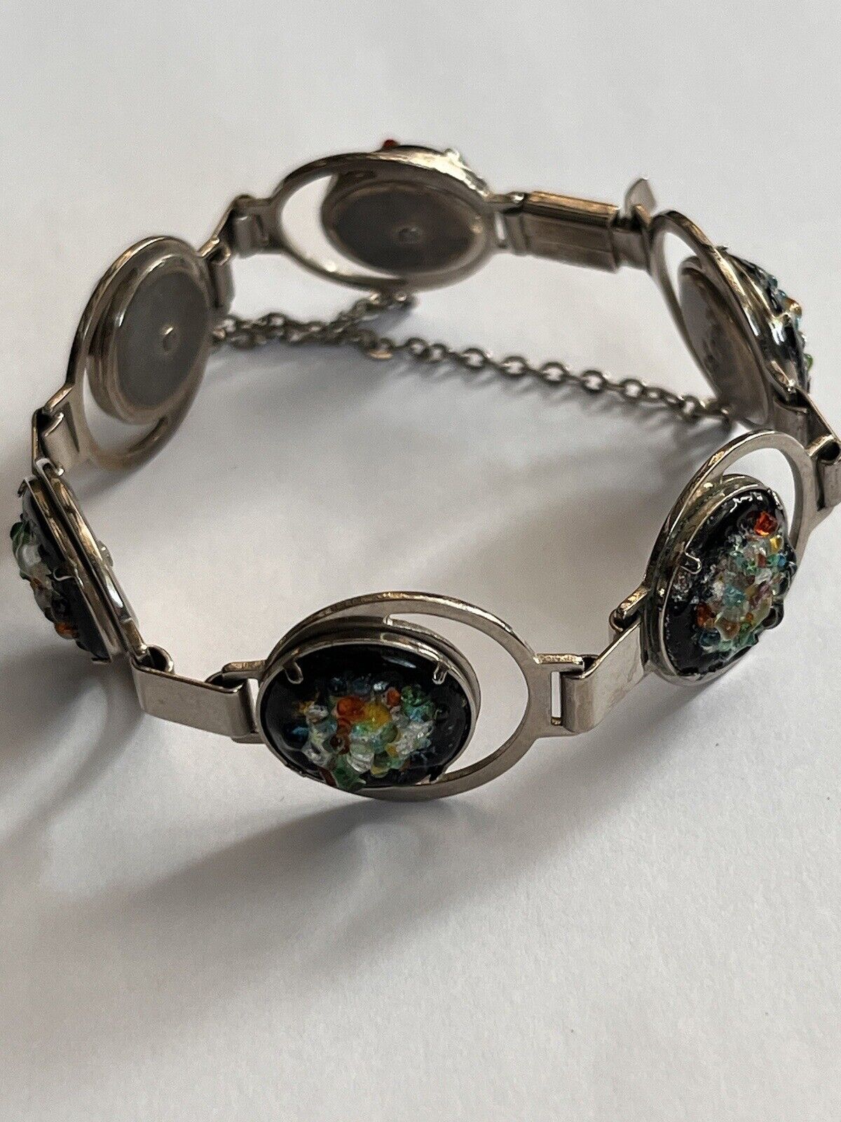 Vintage Multicoloured Glass Silver Tone Bracelet Safety Chain