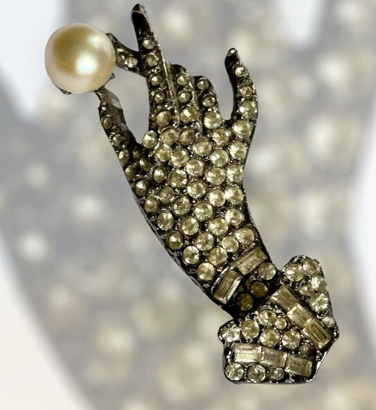 Vintage Iconic Paste Silver Tone Hand Holding Faux Pearl Brooch