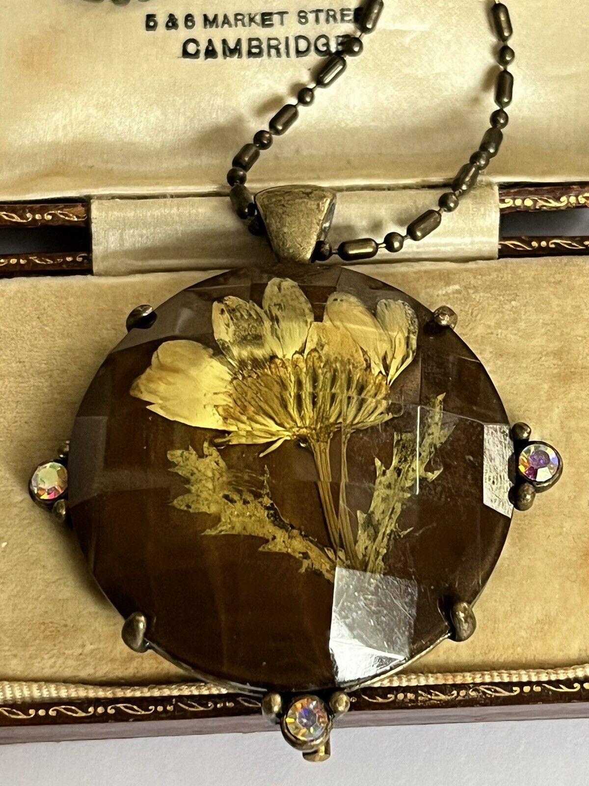 Vintage Dried Flower Thistle Diamanté Faceted Pendant Necklace