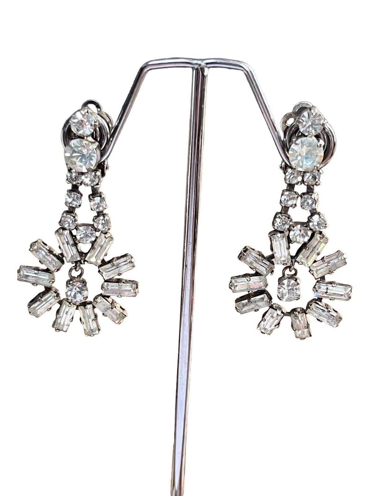 Vintage Silver Tone Paste Starburst Drop Earrings