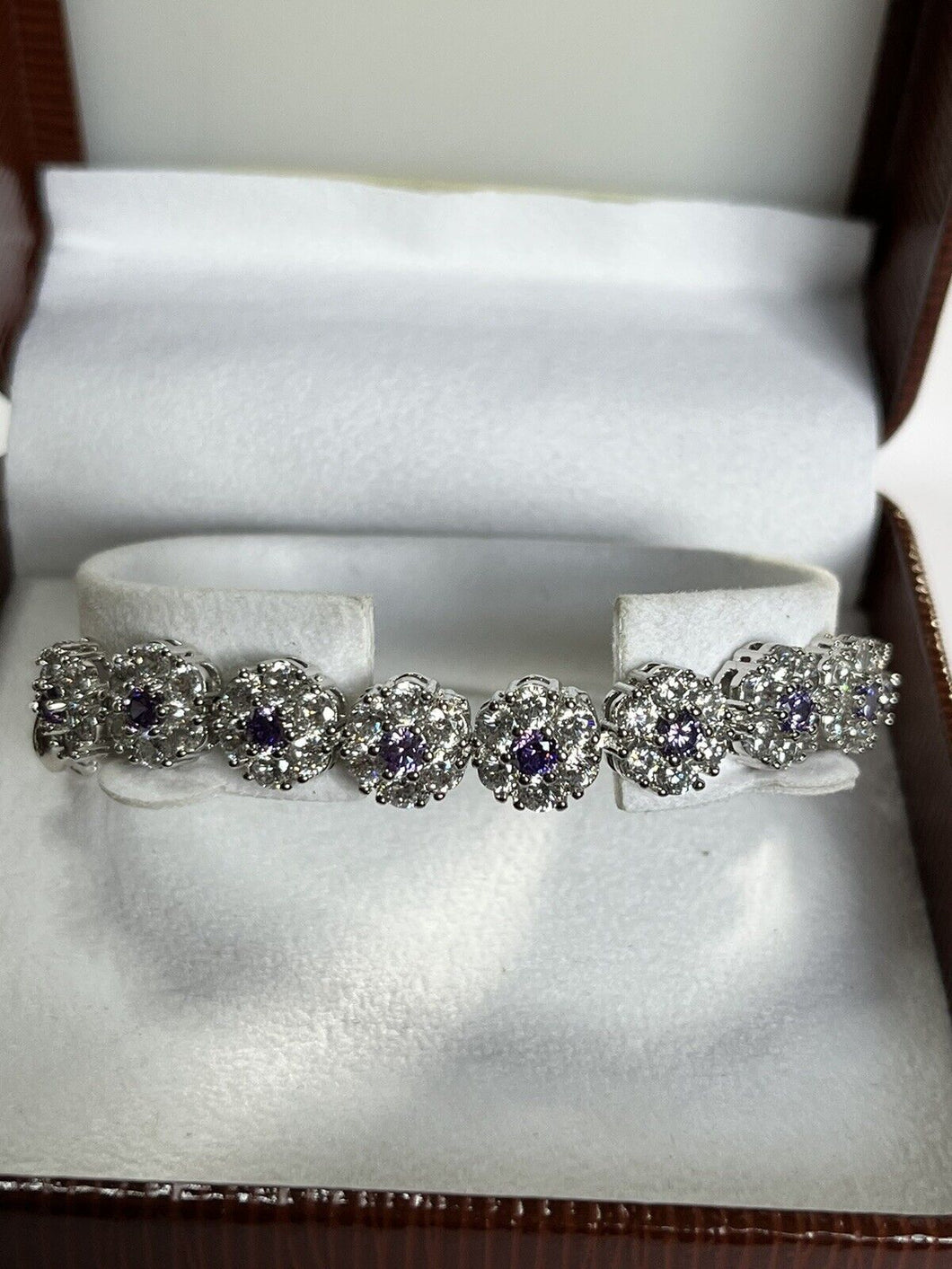 Vintage Rhodium Plated Purple Clear Diamanté Flowers Bracelet New Old Stock