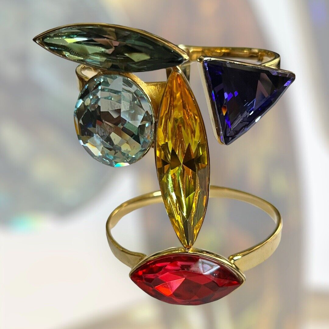 Vintage Double Cuff Gold Plated Statement Multicoloured Diamanté Bracelet