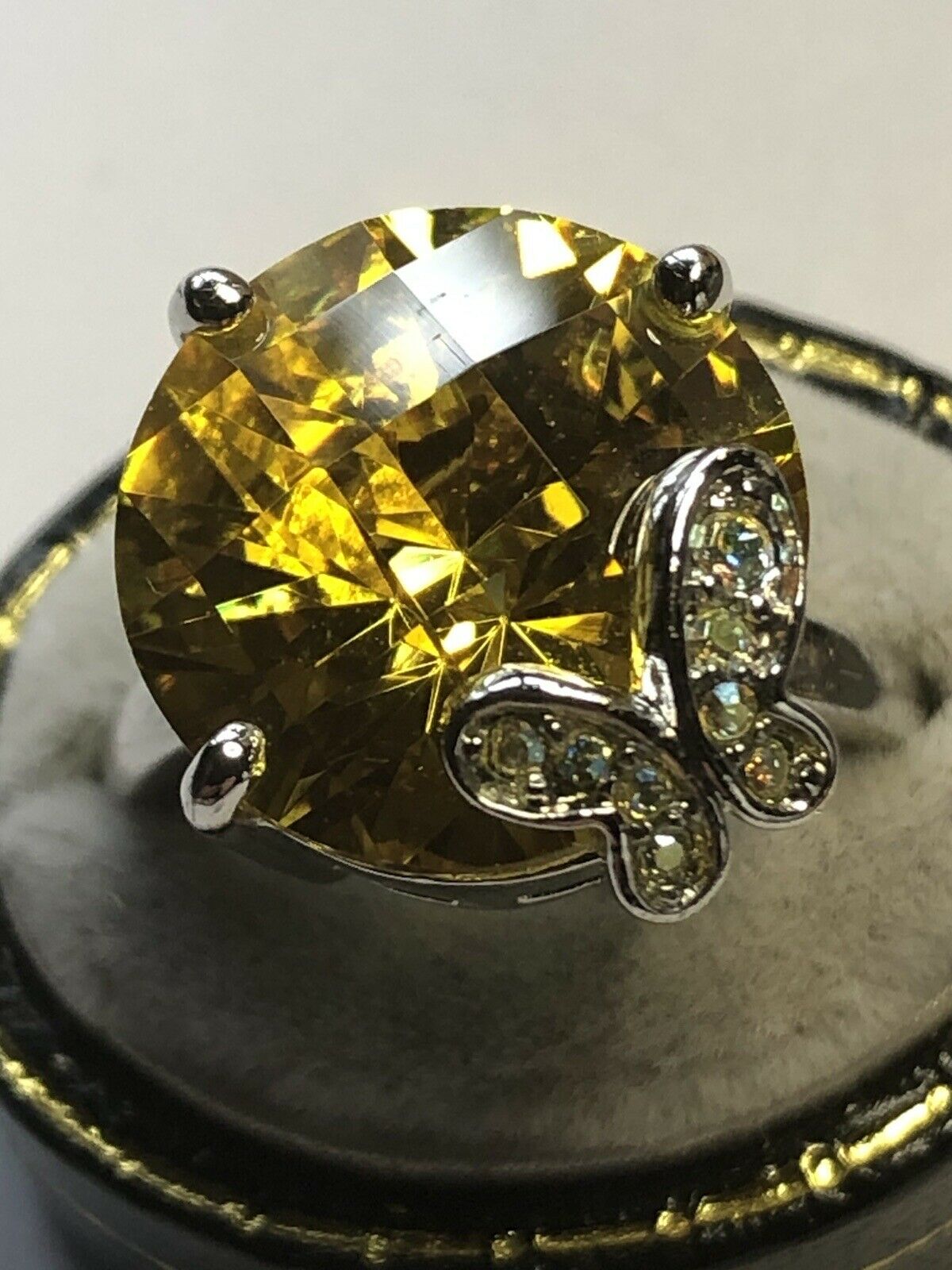 Vintage Rhodium Plated Butterfly Cubic Zirconia Statement Ring