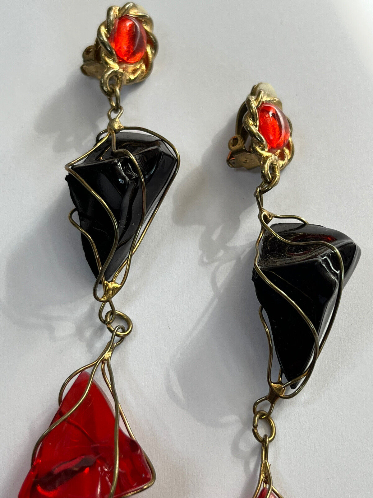 Vintage 1980s Black Red Acrylic Long Length Statement Earrings