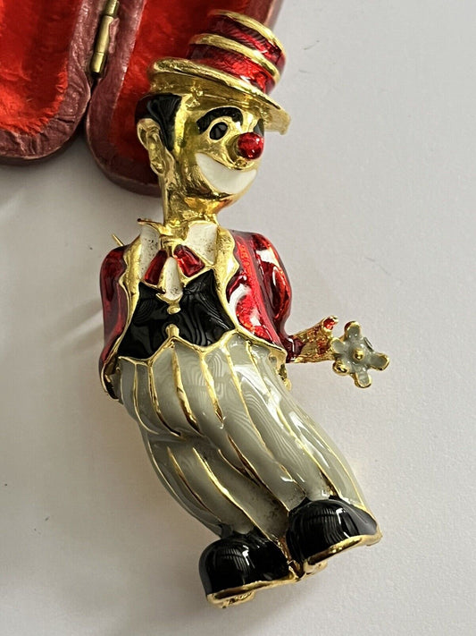 Vintage Gold Tone Enamel Red Clown Brooch
