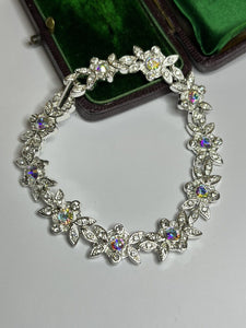 Vintage Silver Tone Aurora Borealis Flowers Diamanté Bracelet