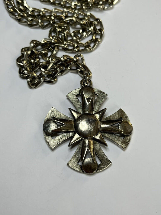 Vintage Statement Silver Tone Maltese Cross Necklace