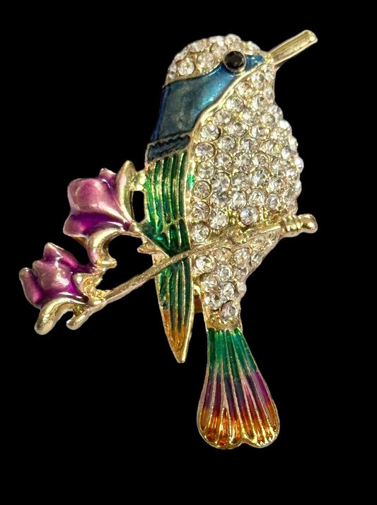 Vintage Gold Tone Enamel Bird Flowers On Branch