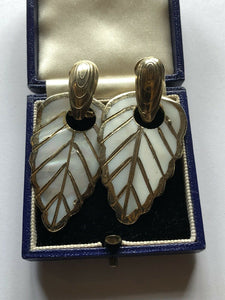 Vintage Gold Tone Mother Of Pearl Leaf Drop Pierced Earrings