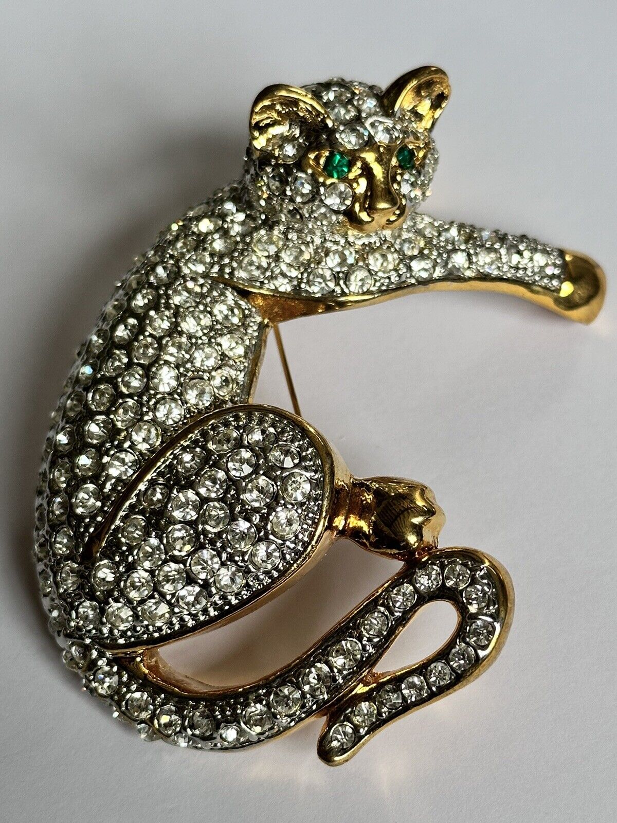 Vintage Runway Gold Tone Large Diamanté Cat Brooch