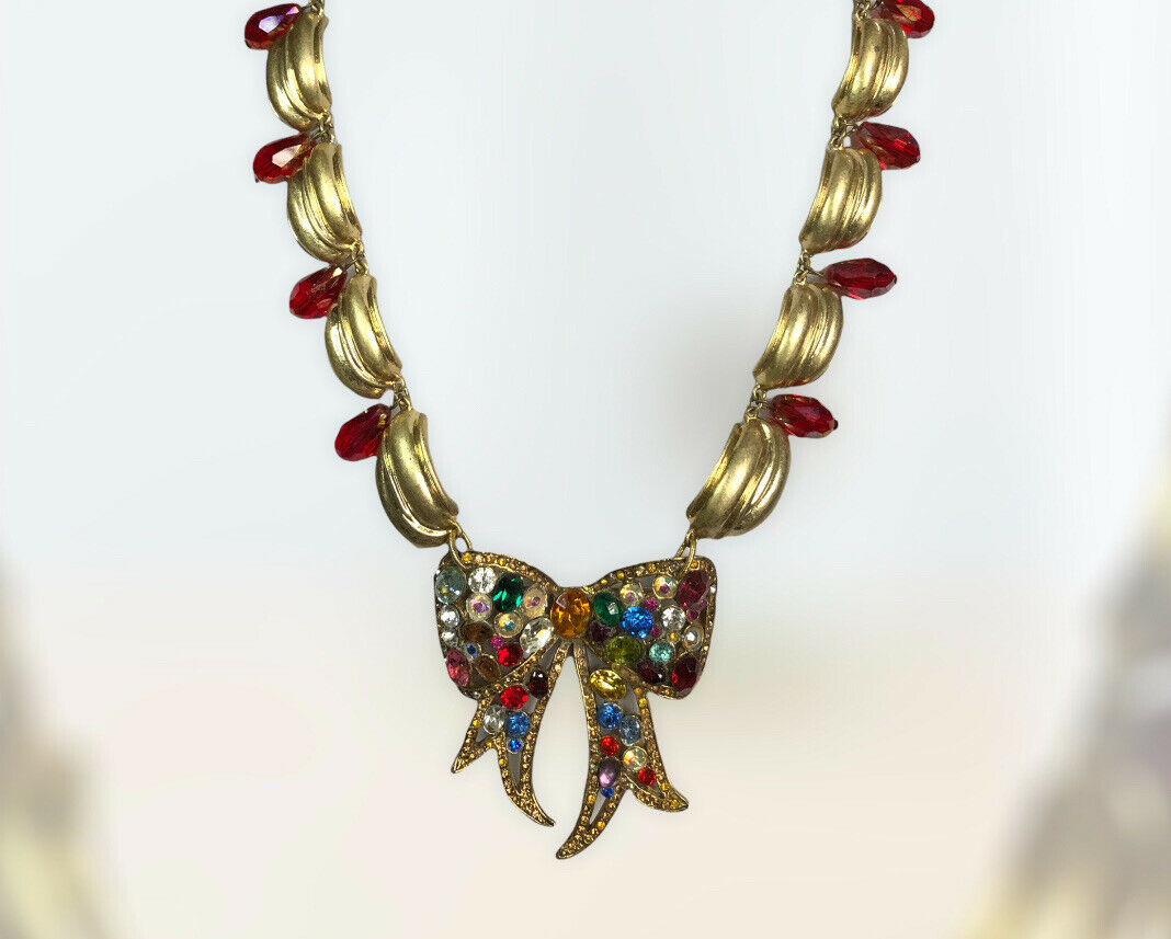 Vintage Runway Statement Multicoloured Bow Diamanté Necklace