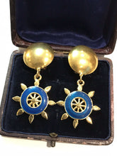 Vintage Gold Tone Nautical Blue Enamel Clip On Earrings