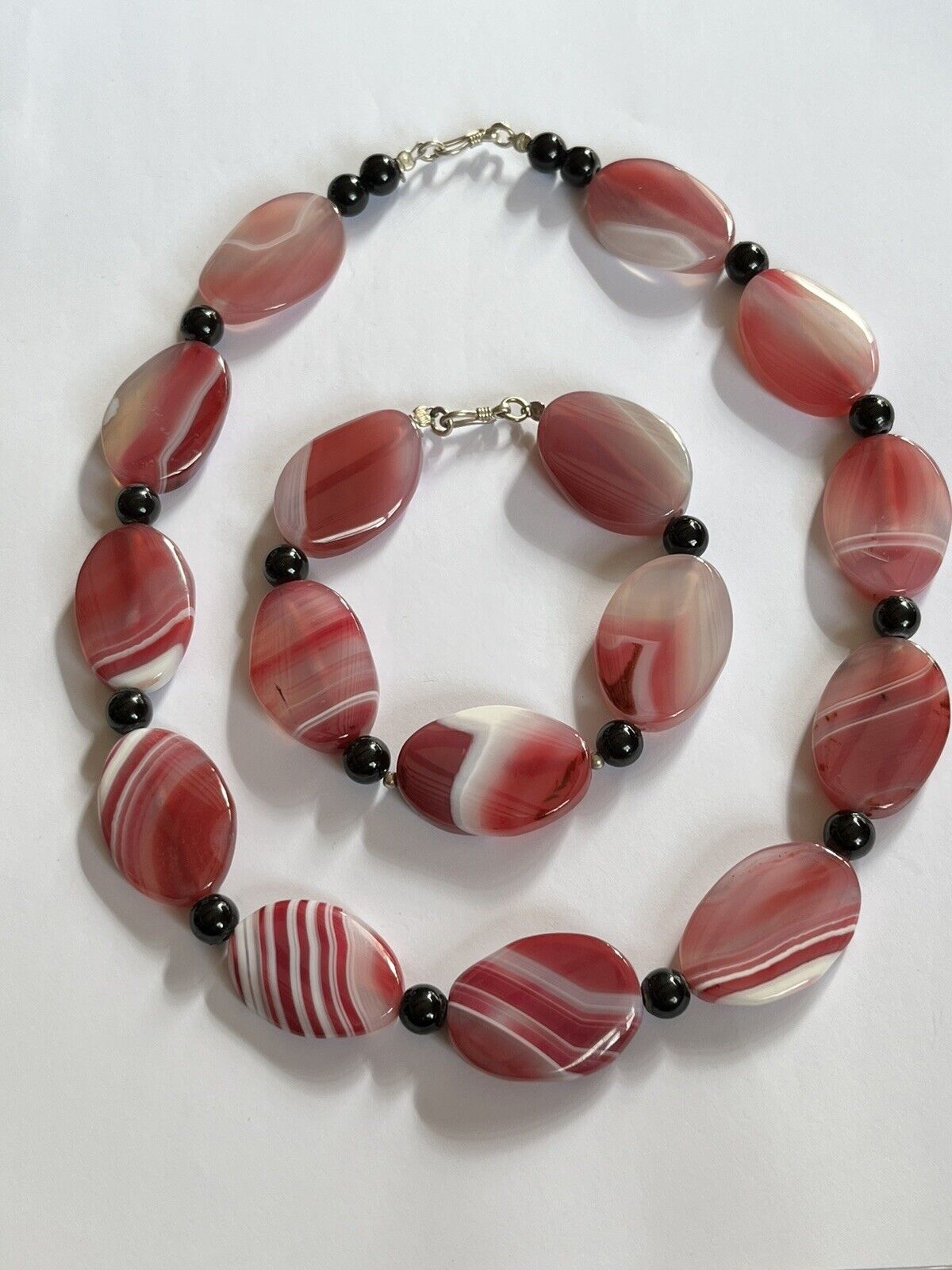 Vintage Pink Agate Stone Necklace Bracelet Set Statement Pieces