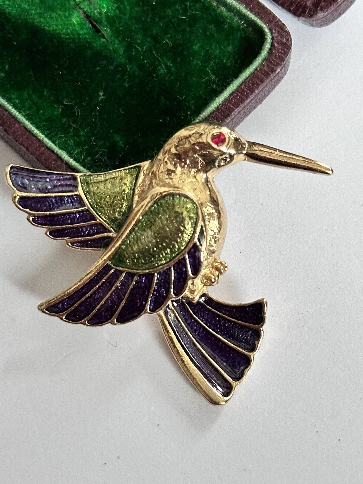 Vintage Gold Tone Blue Green Enamel Hummingbird Brooch