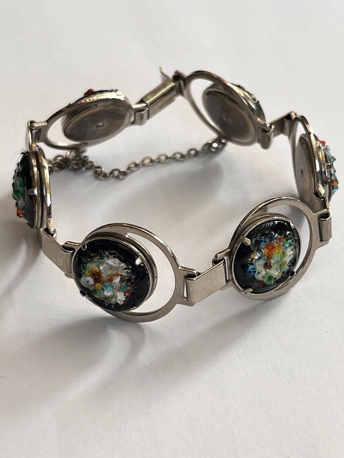 Vintage Multicoloured Glass Silver Tone Bracelet Safety Chain