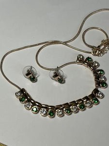 Vintage Gold Tone Green Clear Diamanté Necklace Earring Set
