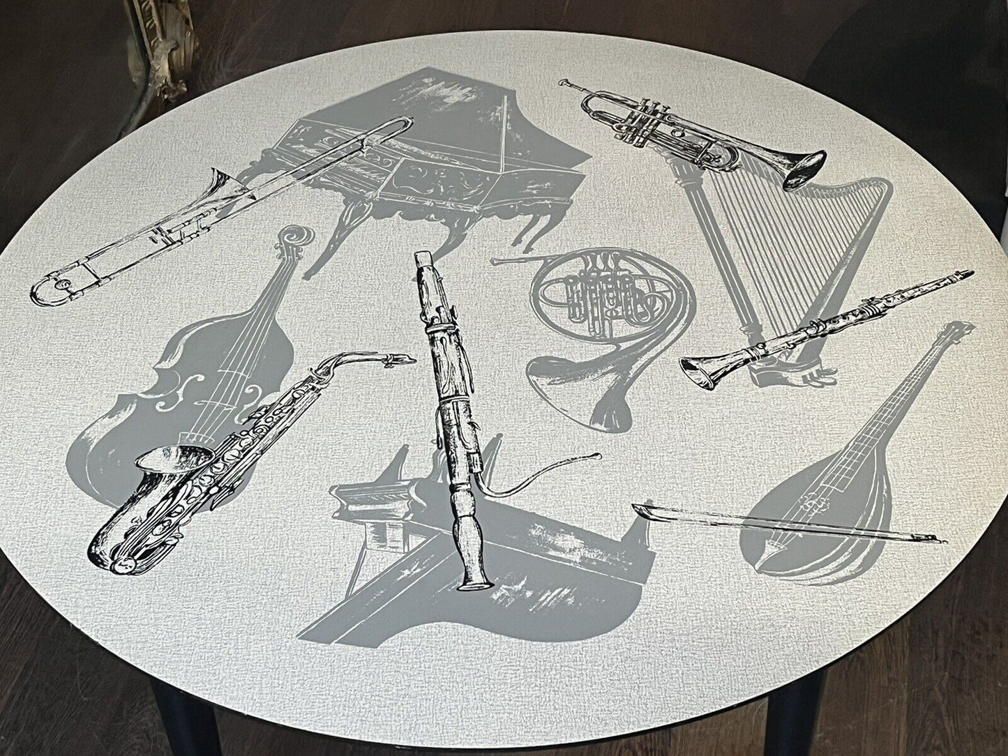 1960’s Coffee Table. Top Decorated With Musical Instruments.