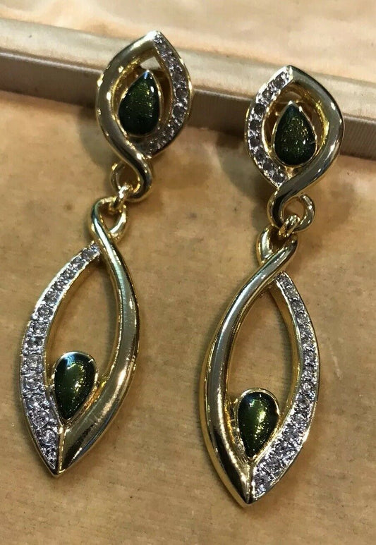 Vintage 1980s Statement Diamanté Green Enamel Drop Clip On Earrings