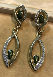 Vintage 1980s Statement Diamanté Green Enamel Drop Clip On Earrings