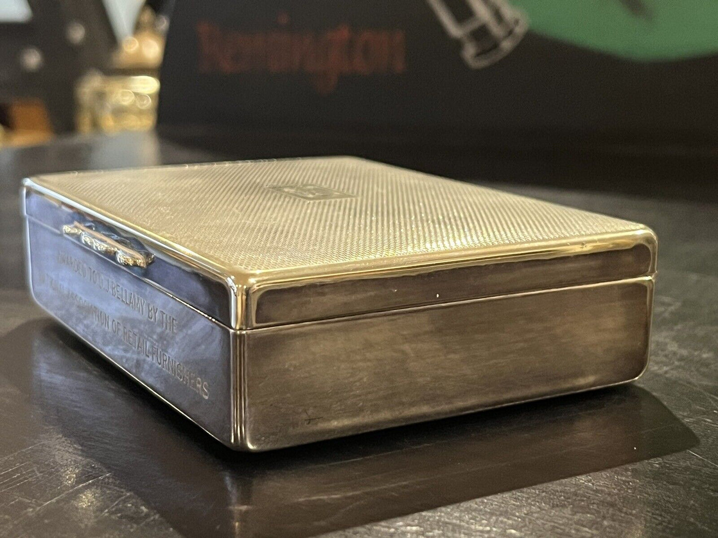 Silver Plate Cigarette Desk Box. 1964 Presentation From Retail Furnishers