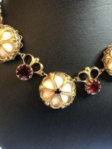 Vintage 1960s Red Paste Gold Tone Necklace Clip On Earring Set