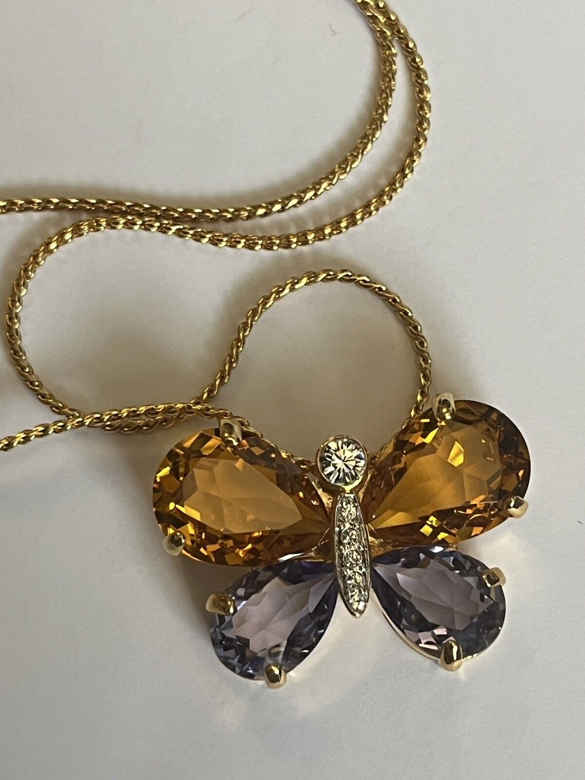Vintage 1980s Gold Plated Crystal Butterfly Necklace New Old Stock ANTIQUES CHIC