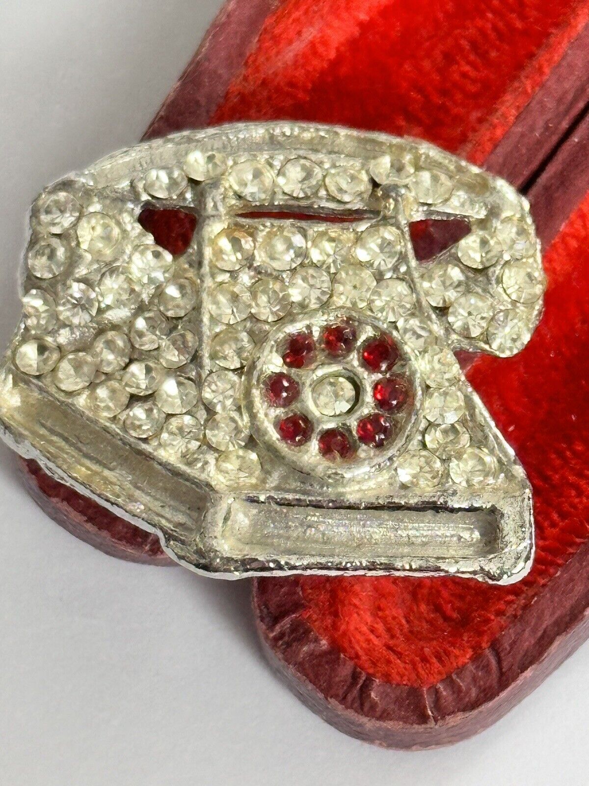 Vintage Old Silver Tone Clear Red Paste Telephone Brooch