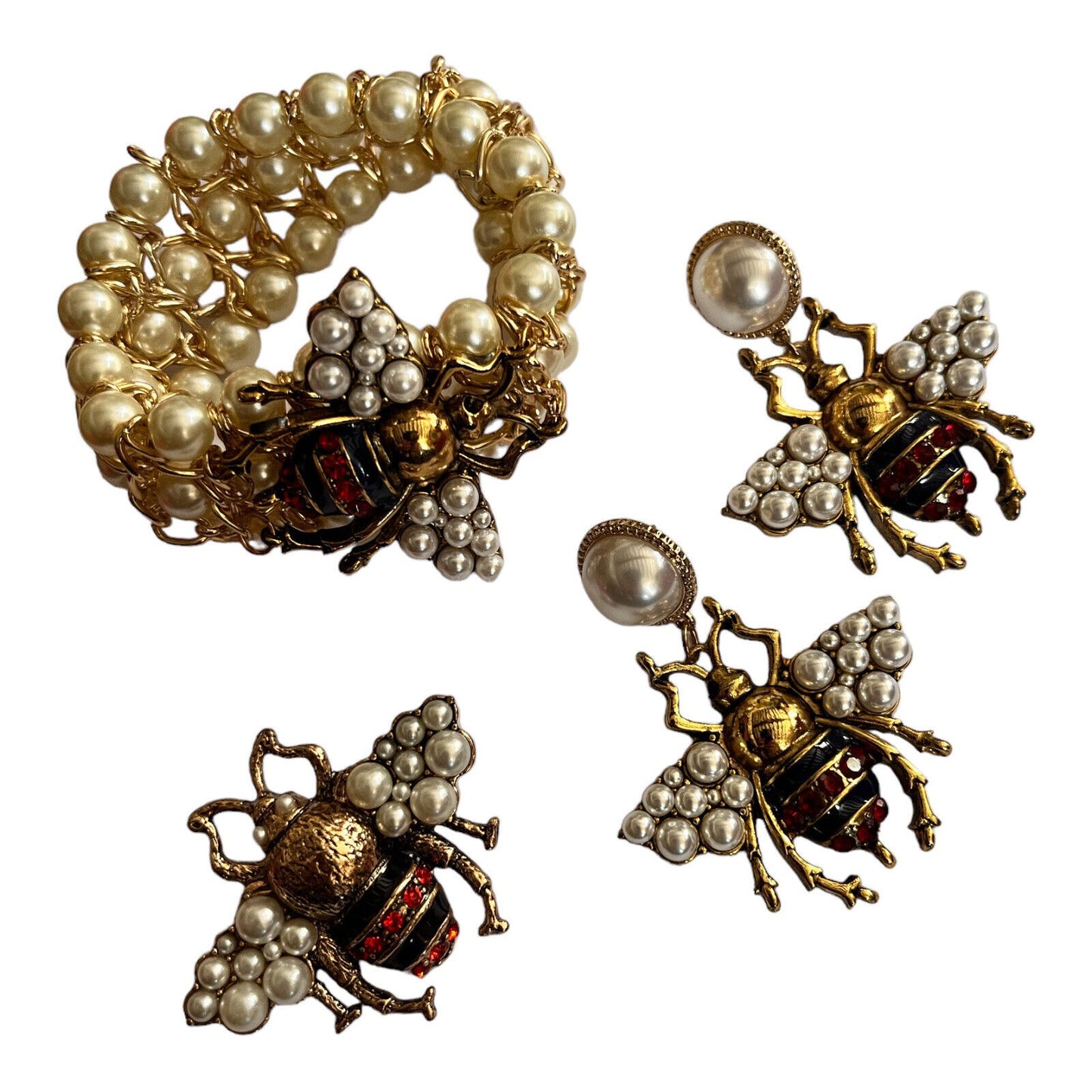 Vintage Faux Pearl Enamel Bee Set Bracelet Brooch Drop Earrings